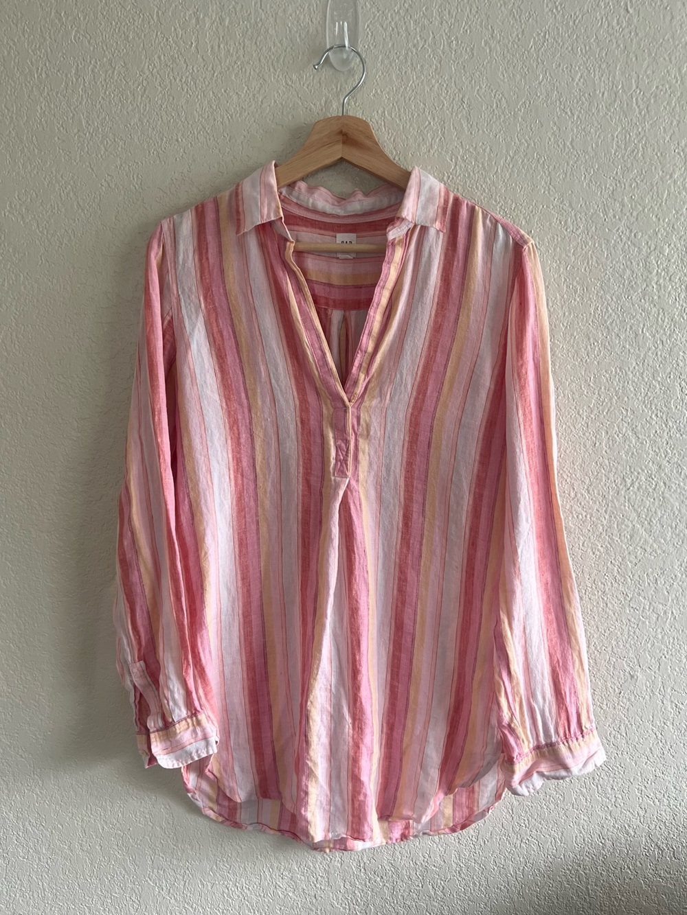 Gap Collared Pullover Tunic Blouse Linen Stripe Pink Size XS Boyfriend Coastal